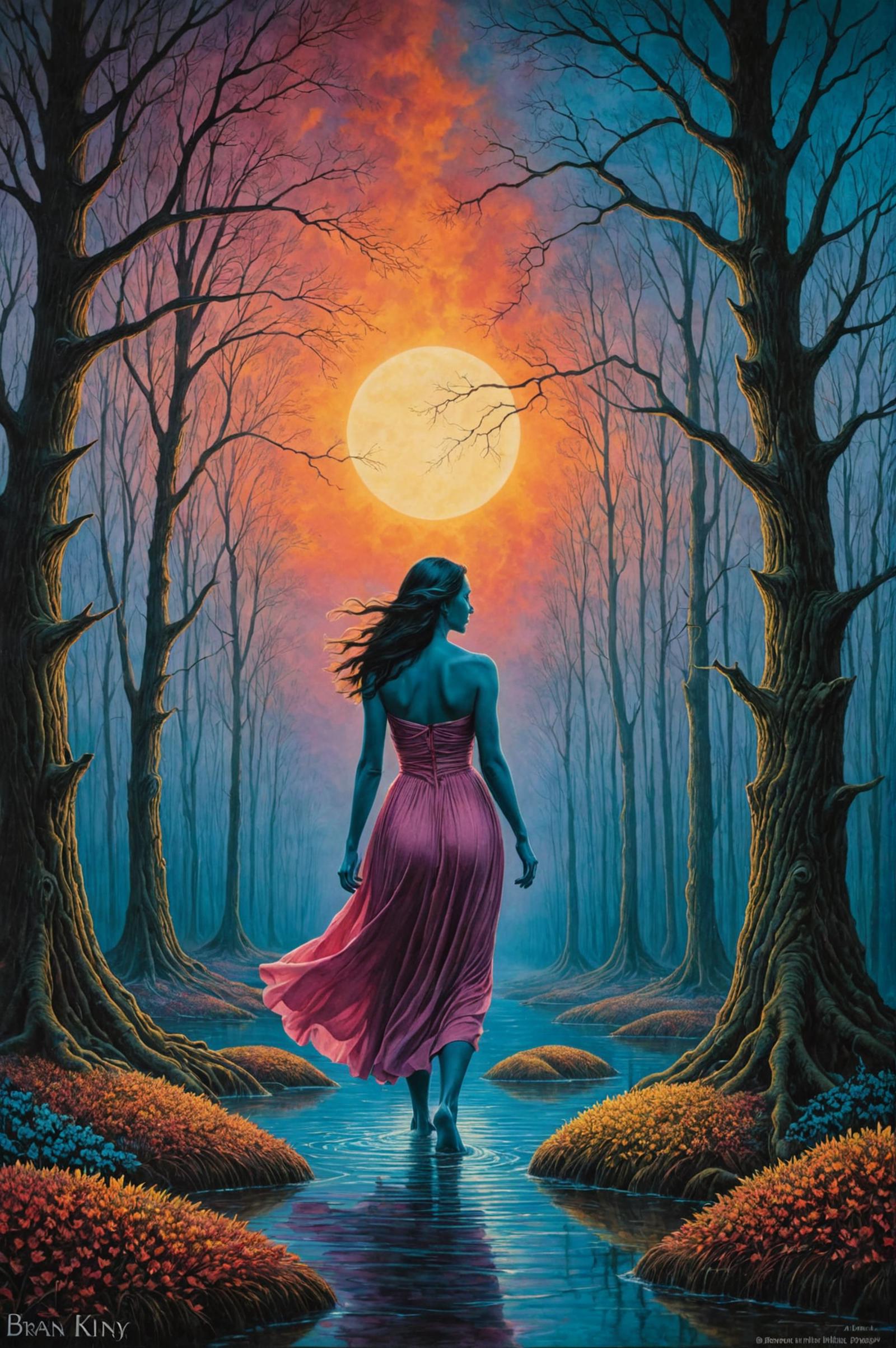 A woman in a pink dress walking through a forest at night.