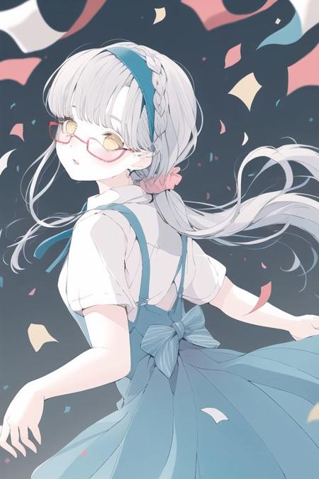 1girl, braid, hair scrunchie, long hair, ponytail, red-framed eyewear, semi-rimless eyewear, silver hair, under-rim eyewear, yellow eyes ,
back bow, blue bow, bow, collared shirt, dress, hairband, medium dress, pinafore dress, pink hairband, pleated dress, school uniform, shirt, short sleeves, single horizontal stripe, single stripe, sleeveless, sleeveless dress, white shirt ,
looking at viewer, parted lips ,
confetti, dated, happy birthday, heart, signature, solo ,
<lora:nocopyrightgirl-v1.0:0.9>