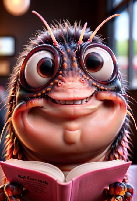 FLUX.1 cinematic style, ral-drp very cute and kawaii pink cockroach wearing eyeglasses while reading a book and sipping coffee in a cafe, instagram photo,