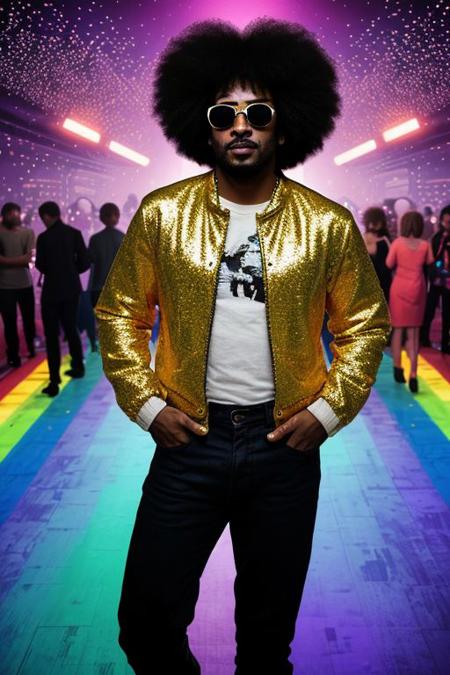 raw photo, upper body, disco, (80s, retro:1.1), dance floor, lasers, rainbow theme, a dancer man, 30 years old, sunglasses, big afro, (manly, wide jaw:1.2), dark skin, sparkly jacket, golden shirt, (vibrant colors:0.9),  (cinematic, dim colors, soothing tones:1.2)