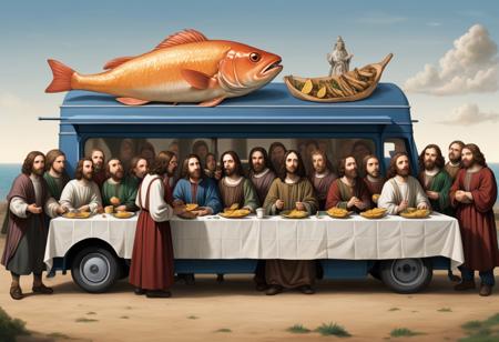 Jesus and the twelve apostles stand outside a mobile fish and chip van for the Penultimate Supper. In the style of Leonardo Da 
Vinci last supper