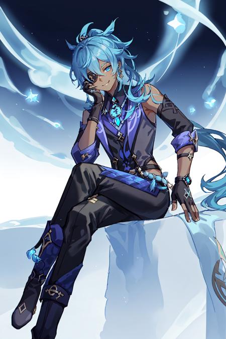 Genshin Impact Scenes,  solo,  long hair,  looking at viewer,  smile,  blue eyes,  gloves,  1boy,  jewelry,  sitting,  closed mouth,  blue hair,  ponytail,  male focus,  earrings,  boots,  black gloves,  pants,  dark skin,  fingerless gloves,  black pants,  eyepatch,  dark-skinned male,  crossed legs,  single earring,  vision (genshin impact), <lora:EMS-46730-EMS:1.000000>