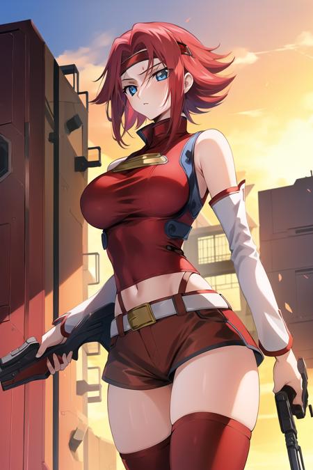 masterpiece, best quality, highly detailed, highres, hdr,
code geass, 1girl, solo, kallen stadtfeld,holding weapon, gun, holding gun, 
bare shoulders, midriff, (((brown sleeveless turtleneck))), red thighhighs, (((brown shorts))), red shirt, ((white detached sleeves)), clothing cutout, zettai ryouiki, white belt, red legwear,
blue eyes, large breasts, red hair, short hair,
cowboy shot, intense angle,
mksks style, beautiful background, detailed background, professional lightning, post-apocalypse, buildings, burning, fire, light particles,