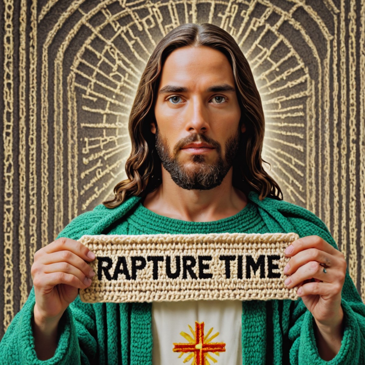 Photo of Jesus with a sign that says "rapture time" in matrix code background <lora:CROCHETED:0.7>CROCHETED