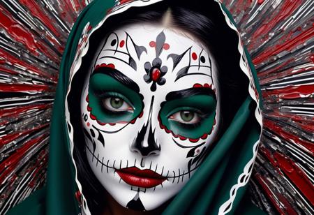 A real mexican's catrina, a tear of blood falls, The overall style is reminiscent of Roy Lichtenstein's work, catrina with deep green eyes, one blood tear.The piece features a distorted, elongated face, expressing both joy and sorrow. The background showcases a series of sharp, jagged lines and shapes, evoking a sense of fear and fright.