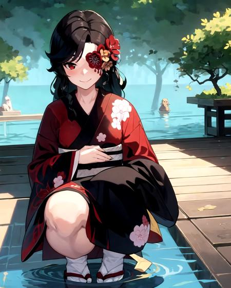 masterpiece, best quality, squatting, fullface, hand on the chest, blush, smile, kimono, black hair,  red eye, nature, water,  Hanyuuda_Chizuru, <lora:Hanyuuda_Chizuru:0.8>