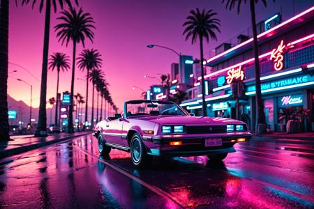 cinematic film still 80s synthwave, retro-futuristic, A  white convertable car made in 1969   driving on a street, with glowing palm trees lining the road. The scene is captured from a low-angle shot, emphasizing the sleek design and vibrant colors of the car, reflecting off the wet asphalt. The background features a neon sunset with horizontal lines, characteristic of the synthwave aesthetic, in vivid hues of pink, purple, and blue. The image is highly detailed with dramatic lighting, creating a sense of speed and motion. The artwork has a vaporwave vibe, combining retro and futuristic elements with bold, electric colors and a minimalist, sticker-like style on a white background. The atmosphere is surreal and cinematic, with sharp contrasts and intense glow effects, reminiscent of 80s digital art. This 3D render, illustration, is crafted with high resolution, capturing the essence of a synth wave cityscape in extreme detail and dynamic composition. 8k resolution with a focus on vibrant neon and striking details, evoking a nostalgic yet futuristic feel, cyberpunk, shallow depth of field, vignette, highly detailed, high budget, bokeh, cinemascope, moody, epic, gorgeous, film grain, grainy