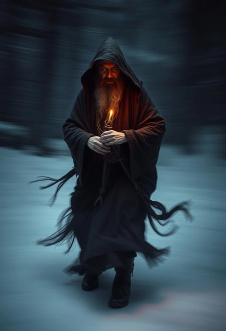 A long exposure photograph depicting a Siberian shaman in fluid motion, capturing motion blur, using dark tones and unsettling details to create an eerie, creepy atmosphere. The style is figurative with an elegant composition, emphasizing ethereal beauty and realistic details.