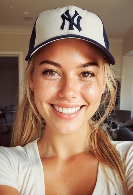 instagram picture, dutch angle, a 23 year old gorgeous girl, big smile , happy face, detailed skin face and eyes , natural lighting ,  messy straight ponytail hair, (((wearing a (new york yankees) baseball outfit, baseball cap, (medium sized round perky breasts: 1.3))), cleavage, film grain, low contrast, natural face , light freckles , blonde hair , alluring eyes, dark circles under eyes, rating_explicit, sun shining in,
