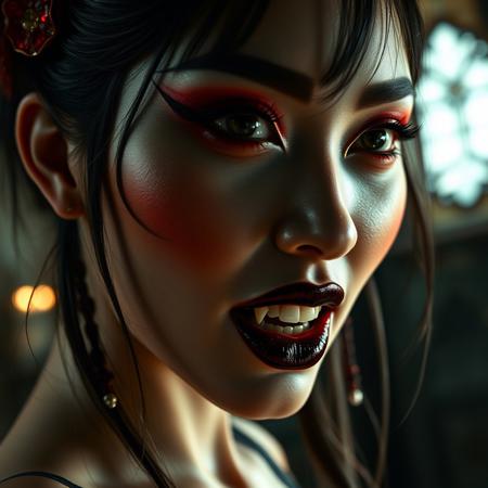masterpiece, high detail, masterpiece, closeup portrait of stunning oriental vampire woman, long neon red, dark eyeshadow, black lips, mouth slightly open showing fangs, chiascuro, sexy, seductive, erotic, direct gaze, medival castel interior  background. highest definition, HD32K, wallpaper, hyperdetailed, concept art, extreme closeup, side profile