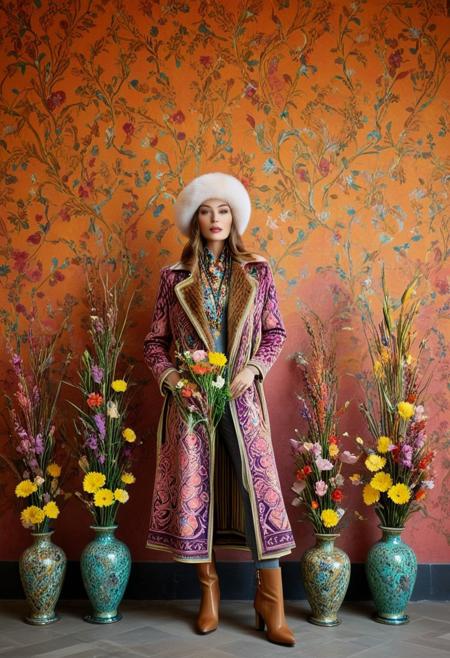 A model in an outfit with a long coat, fur hat, and boots in the style of Etro, posing against the backdrop of a wall painted with a textured pattern, surrounded by vases filled with flowers. The overall style is artistic and colorful, with patterns on the fabric, creating a unique visual effect. In her hands, she holds small bouquets of flowers. This photo was taken using a Canon EOS R5 camera.