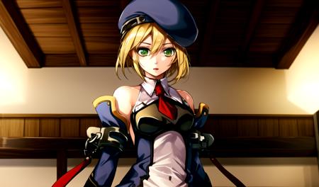 noel vermillion, solo, green eyes, blonde hair, short hair, beret, collared dress, detached sleeves, white gloves, black thighhighs, indoors,   <lora:noel vermillion (calamity trigger):1>