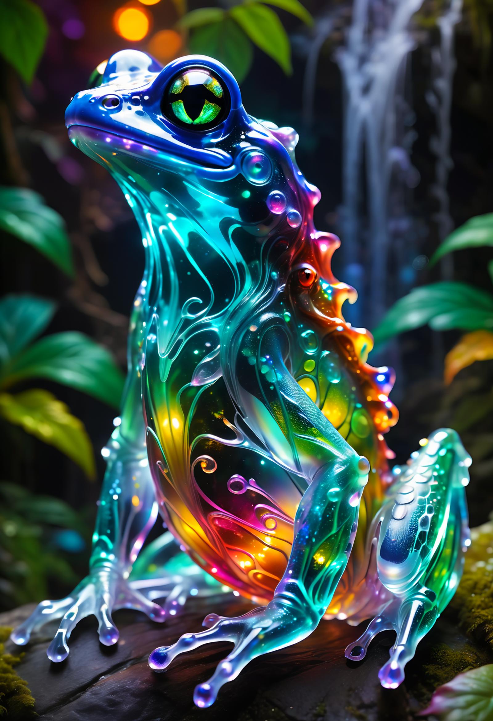 A brightly colored glass frog sculpture sits on a mossy rock.