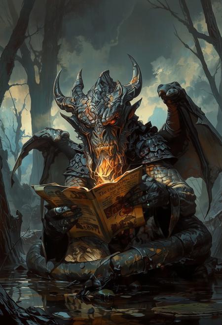 boris vallejo style, frank frazetta style, 8k high quality digital painting, masterpiece, very detailed, ultra realistic, best quality very detailed epic masterpiece, detailed face, full body, wrinkly wizard dragon reading an ancient scroll in a swamp, best quality, epic scene, Dungeons and dragons atmosphere, heroic fantasy, realistic, realism, full body