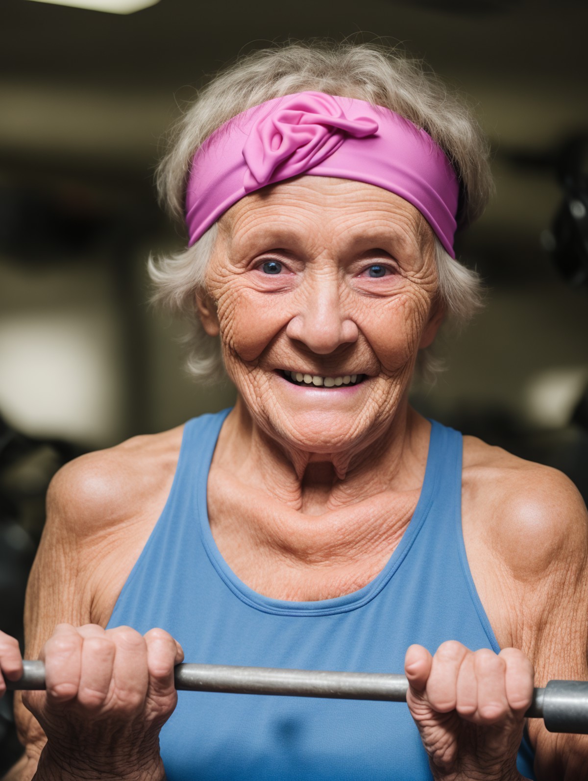 An old granny, looking at viewer, in the gym, smiling, holding barbells,  wearing a headband, 4k, 8k, amazing quality, bes...
