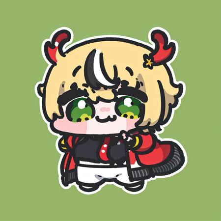 chibi <lora:Yananang:1>, solo, red jacket, antlers, male focus, white background, red footwear, pants, 1boy, full body, simple background, jacket, black shirt, shirt, multicolored hair, looking at viewer, black pants, short hair, shoes, long sleeves, smile, blonde hair, green eyes, red coat, open clothes, index finger raised, bangs, hand up, standing, coat, jewelry, streaked hair, watermark, open jacket