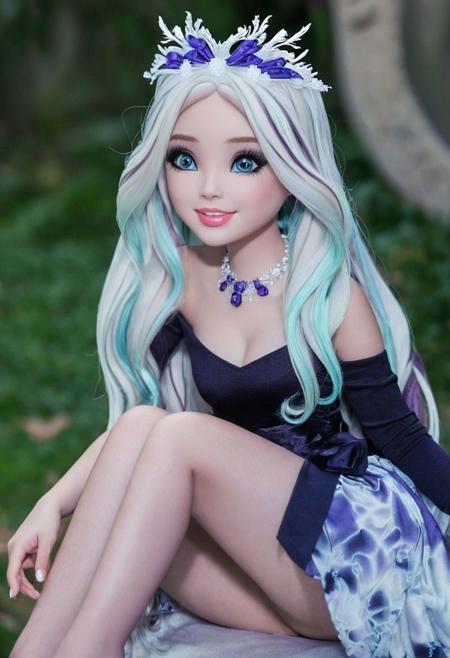 Expressiveh, (Masterpiece, best quality:1.8), score_9, score_9_up, solo, , soft shading, strong lighting, (anatomically correct), best high quality, high res, jewelry, cute, beautiful, (ultra realistic,32k, masterpiece:1.2),(high detailed skin:1.1),( high quality:1.1, (moody lighting:1.1), sexy, 1girl, crystalwinter, show accurate, ever after high, 30 years old, full body visible, seductive pose, jewelry, seductive look, smiling, face focus, long hair, hair ornament, wavy hair, messy hair,  breasts,  white hair, wavy hair, very long hair with multicolored highlights, (white purple cyan streaks),, black tanktop, straps, cleavage, sleeveless, black shorts, feet visible, black pantyhose, pantyhose, barefeet, irl, realistic style, sitting, park background, NSFW, BadDream,  irl, photorealistic, uncanny valley