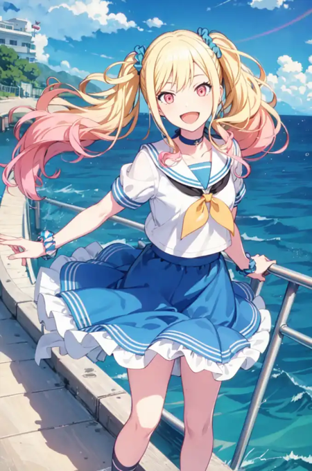 tenmasaki, looking at viewer, smile, open mouth, skirt, twintails, outdoors, frills, sky, shoes, choker, day, socks, cloud, sailor collar, water, bird, ocean, scrunchie, pointing, sneakers, wrist scrunchie, watercraft, rainbow