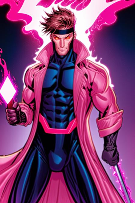 Gambit,  Le Diablo Blanc,  Remy Lebeau,  looking at viewer,  gloves,  holding,  weapon,  open clothes,  black gloves,  fingerless gloves,  pink eyes,  blurry,  coat,  bodysuit,  muscular,  headband,  glowing,  abs,  fire,  staff,  glowing eyes,  skin tight,  open coat,  trench coat,  covered abs, <lora:EMS-59834-EMS:0.800000>