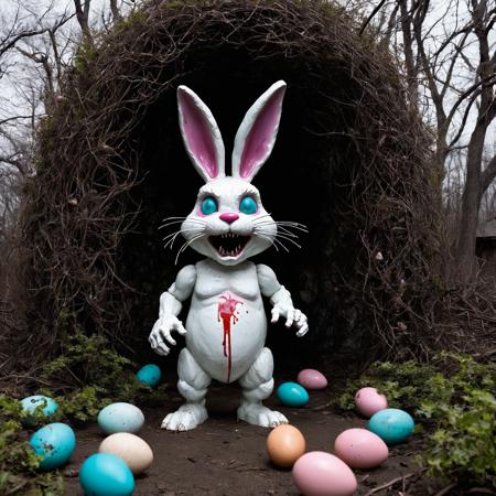 The evil Easter bunny is a grotesque creature its once fluffy white fur now matted and stained with blood, Its eyes gleam with malice reflecting the twisted joy it finds in terrorizing its victims, Its long sharp teeth protrude from its snarling mouth ready to tear into flesh, It dwells in an abandoned dilapidated Easter theme park where once cheerful rides now creak eerily in the wind, overrun with overgrown vegetation casting sinister shadows over faded pastel-colored eggs and cracked weather-beaten decorations, The air is thick with the scent of decay mixing with the sickly sweet smell of rotting candy left behind by unsuspecting visitors, Within the decaying confines of the park the evil Easter bunny stalks its prey hiding amongst towering pastel-colored egg sculptures and twisted thorn-covered bushes shaped like Easter baskets, Its lair is a dark labyrinthine warren of tunnels and chambers lined with the bones of those who dared to enter its domain, Despite the once joyful themes of Easter in this twisted reality the holiday is a nightmare with the evil bunny at its center spreading fear and despair with every hop