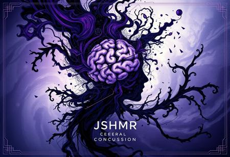 Design an album cover for "Cerebral Concussion" by JSHMR, inspired by the SORA style. The cover should feature intricate and detailed patterns, blending organic and geometric shapes to create a surreal and dreamlike atmosphere. Use a color palette of deep purples, blacks, and dark blues, with subtle accents of neon or metallic tones. The central focus should be a stylized head or brain, fractured and fragmented, symbolizing the chaos and disorientation of a concussion. Surround this with swirling abstract elements, giving a sense of motion and mental turbulence. The title "Cerebral Concussion" and artist name "JSHMR" should be integrated seamlessly into the design, using a sleek, modern font that complements the overall aesthetic. The cover should evoke a sense of both beauty and unease, reflecting the emotional depth and complexity of the music.