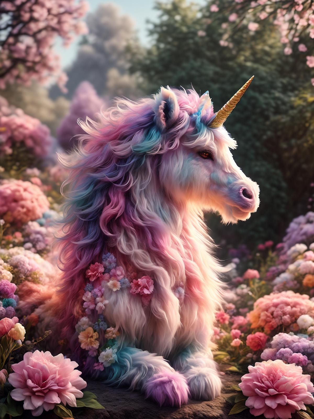 A Magical Pink and Purple Unicorn with a Long Pink Tail and Pink Flowers in the Background.