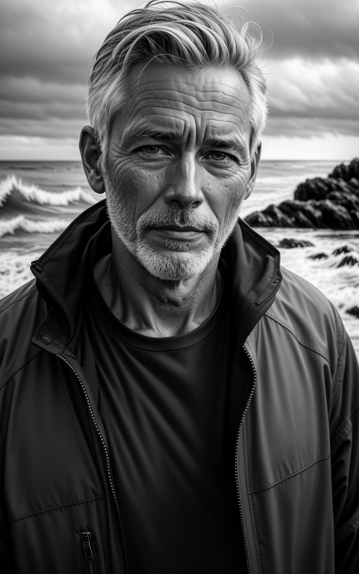 Man wearing a black shirt and jacket standing by the ocean.
