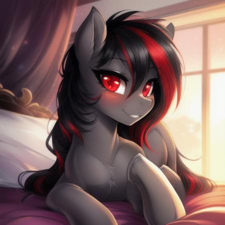 feral pony, portrait, ((bedroom)), ((socks)) (masterpiece), (raytracing), (cinematic lighting), triadic lighting, High Definition, light particles, (shading), ((((smooth dark gray fur)))), red glowing clear eyes ((shiny fur pony body)), (((glowing clear red eyes))), ((pony)), ((long wavy black hair)), ((four hooves)) female, mare, {my little pony}, blush ((black tail)), (((cute))), (((pony))), ((sexy)) ((small red highlights)) (((pony))), ((sexy)), ((clear eye's)), ((red eye colour)), ((dark grey fur colour)), fluffy:1, (masterpiece, best quality:1.1), fragrant, colourful, idyllic, whimsical, by Russolo Rossdraws Kinkade, (((cute)))