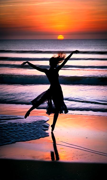 As twilight's soft pastels spread, a lively silhouette moves gracefully near the water's edge, her actions mirroring the rhythmic lapping of distant waves.
BREAK
A figure's fabric trails in the sea breeze as dusk deepens, each swirl releasing the essence of seaside freedom.
BREAK
Under the fading evening light, a lone performer captures the fleeting glow on tranquil sands, her form embodying ecstatic freedom.
BREAK
With the evening air cooling, the vibrancy of a seaside spectacle fills the area, as a silhouette celebrates the day's end against a dimming backdrop.
BREAK
As dusk turns the horizon to a burning orange, a spirited leap contrasts sharply with the subdued ocean waves, marking a display of vitality.
BREAK
The coastal scene comes alive in the cooling evening as a figure executes a spin, capturing the last whispers of daylight, her posture a testament to boundless energy.
BREAK
In the gentle embrace of dusk, a figure's silhouette dances along the beach, casting shadows that blend seamlessly with the evening's calm.
BREAK
As night begins to fall, the soft sands witness an exuberant display of joy, with a dancerâs motions resonating with the gentle ocean breeze.
BREAK
Evening shadows stretch across the sandy beach as a womanâs leaps and twirls capture the fleeting light, her spirit synchronous with the sea's rhythm.
BREAK
A twilight performance unfolds on the beach, where a figure's dynamic movements paint a picture of life against the quietly lapping waves.
BREAK
The last light of the day illuminates a figure's joyous dance on the sandy shore, each step a burst of color against the evening's serene palette.
BREAK
As dusk settles, a lone figure's dance intermingles with the ocean's whispers, creating a symphony of motion and sound on the tranquil beach.