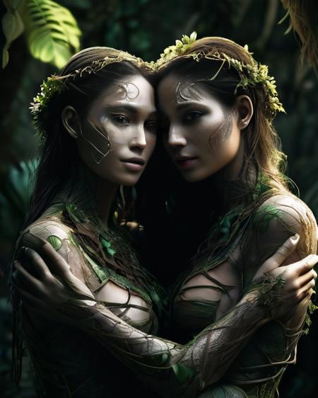 two people hugging each other in the jungle, in the style of ethereal figures, made of vines, physically based rendering, detailed facial features, earthcore, dark and intricate, firecore