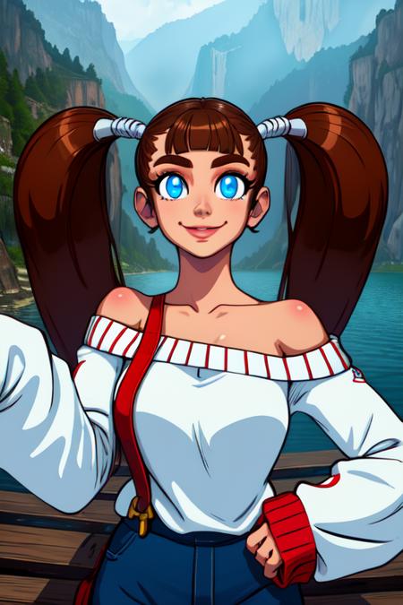 shorty, blue eyes, high twin tails, bangs,  brown hair, 
blue pants, , sleeves past wrists , off shoulder,  white sweater, suspenders
standing, upper body, smile, 
giant lake, fantasy, wooden platform, 
 (insanely detailed, beautiful detailed face, masterpiece, beautiful detailed eyes, best quality) 
 <lora:shorty-10:0.8>