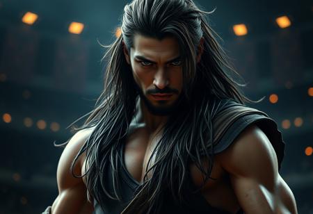 a close up of a gladiator on a Dark Arena background, thundercats, leaked from nasa, corrected hand, hair down to waist, japan grungerock from colors, official details photo, gladiator, hair floating covering chest, micro details, looks directly at camera, superrare trending, inspired by Adam Bruce Thomson, absolute chad, Krenz Cushart, Yuumei, Hidetaka Miyazaki, rendered by Makoto Shinkai, syd meade, environment concept, digital art, unreal engine, WLOP, trending on artstation, low level, 4K UHD image, octane render,