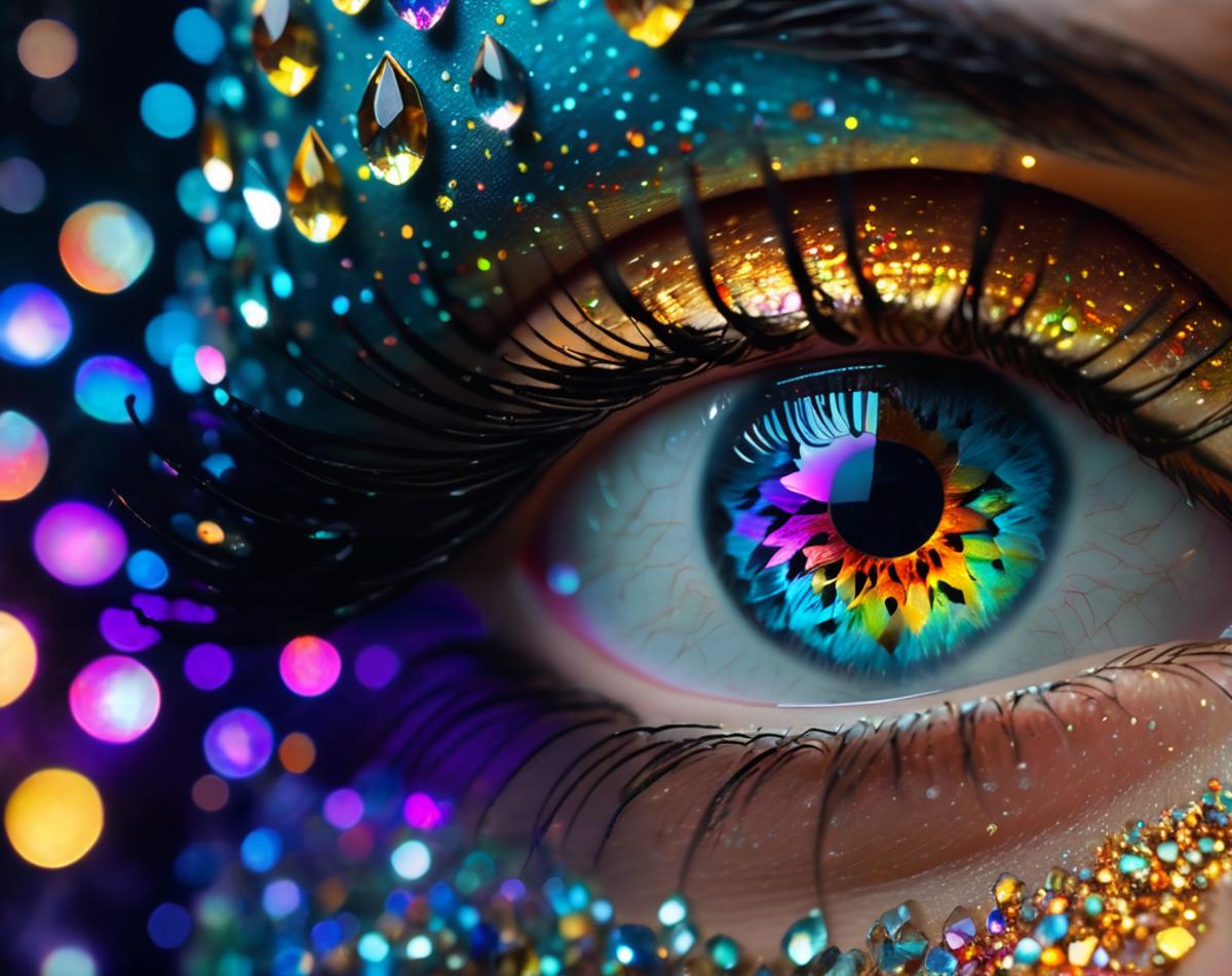 A close-up of a woman's eye with a blue and rainbow colored iris.