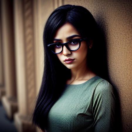 woman, perfecteyes eyes, big dark green eyes with long eyelashes, straight black hair, classy glasses, elegant long dress, Greek, beautiful face, gorgeous