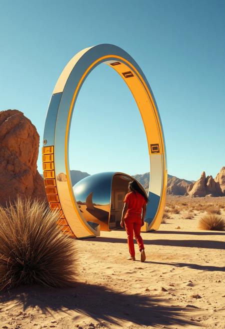 avant-garde, retro futurism , gold and chrome, daylight, california desert, 1970s, robert T, techno style