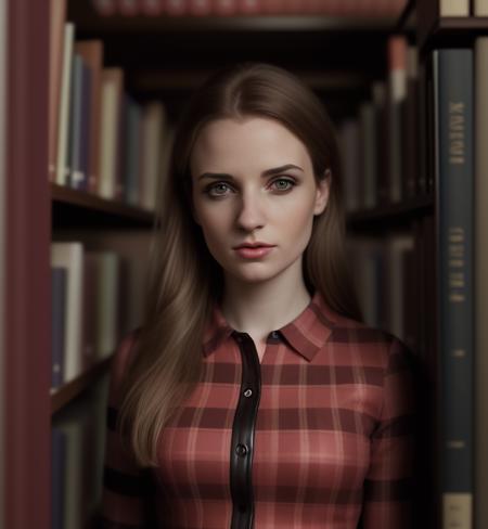 <lora:k3mp3rf1_08SD-000008:0.9>, a (medium shot) photograph of (beautiful 24 year old) (k3mp3rf1 woman:1.1) as a librarian,wearing a red plaid dress,standing in a (library at Oxford University:1.3),holding an leather bound book,with long rows of bookshelves in the background,multi-level with (high arched ceiling:1.2),long dark hair,(smile:0.7),lips,makeup and eyeshadow, cinematic photograph, photorealism, realistic lighting,(bokeh),realistic shadows,masterpiece,Award-winning, 8K wallpaper,Hyperrealistic, intricate detailed, subsurface scattering, rule of thirds, detailed pupils, 35mm photograph, detailed skin texture, subsurface scattering