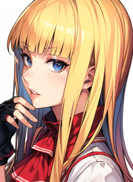 hungry clicker, 1girl, ascot, blonde hair, blue eyes, blunt bangs, fingerless gloves, from side, hime cut, looking at viewer, parted lips, portrait, red ascot, sidelocks, simple background, solo, white background ((masterpiece)) <lora:hungry_clicker_offset:1>