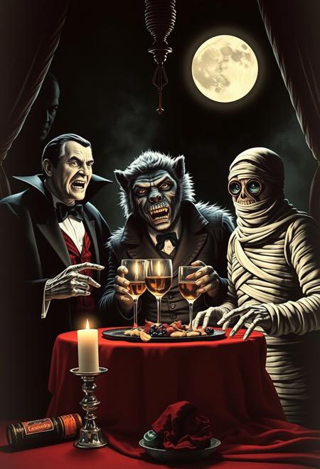 Dracula, The Wolfman and the Mummy at the creature from the black lagoon's bachelor party