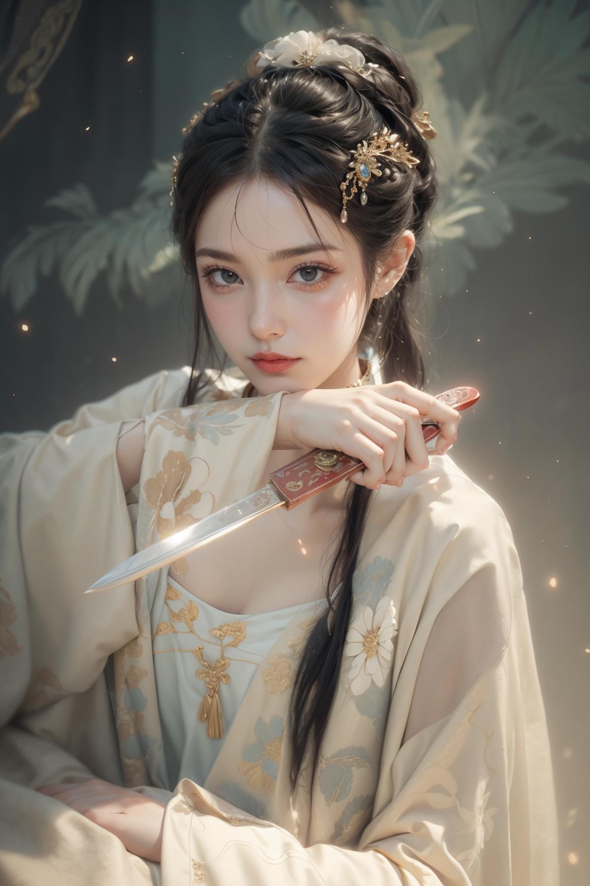 An Asian woman wearing a kimono holding a sword.