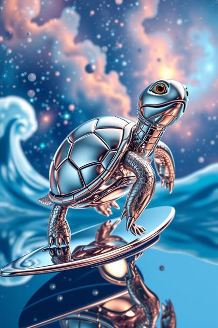 silver surfer turtle, universe, surfboard, cartoon, scenery,
chrome, shiny, reflections, metallic
