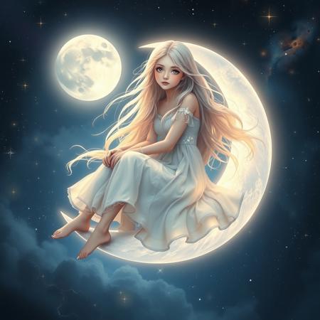 "A mystical girl embodying the soft, intuitive, and emotional energy of the Moon, sitting on a silver-lit crescent moon floating in the cosmic sky. Her long, flowing hair shimmers like moonlight, and her gentle eyes radiate wisdom and serenity. She wears a delicate, flowing white and silver dress, glowing softly under the celestial glow. The atmosphere around her is dreamy, filled with floating stars and nebulae. She is deeply connected to intuition, emotions, and the mysteries of the universe, embodying divine feminine energy."