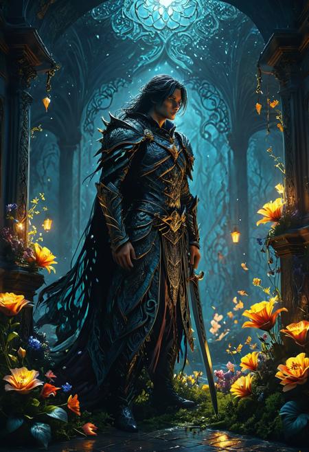 This exquisite artwork features a 4K, high-resolution depiction of a heroic figure in the perfect colors and lighting. The scene combines elements of a nightmare and a dream, capturing the struggle between darkness and light. The character is determined to achieve everything, even if it means stepping on the bodies of countless enemies and bearing the weight of guilt. As night falls, the darkness within the character is revealed, hinting at their supernatural existence.
The artwork is filled with intricate details, from the elaborate sword to the flowers of memories in full bloom. The scene is set against a backdrop of a dark sky and false glory, with the hero determined to tear apart the darkness and bring light. The artwork incorporates stunning elements such as blood, moonlight, and runes, as well as a beautiful shield adorned with intricate details.
Throughout the piece, the artist showcases the character's determination in their eyes, and the heat haze in the light and shadow adds a cinematic touch. The ruthless water flower and tears of fate further enhance the overall detail of the artwork, which is awash in a haze of light leaks reminiscent of film photography. The background and styling are highly detailed and atmospheric, creating a fantastical and digital art experience that captures the essence of the story.