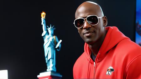 painting portrait of a young michael jordan wearing sunglasses, (standing in front of his iconic statue inside the united center in Chicago:1.6), smoking cigar, (holding up peace sign with hand:1.6), (full body shot:1.5), sharp focus, trending on ArtStation, lifelike, insanely detailed, masterpiece, by Greg Rutkowski, by Ross Tran, by Fenghua Zhong, octane, clear eyes, soft render, clear facial features, oil on canvas, moody lighting, cinematic, professional environment concept art