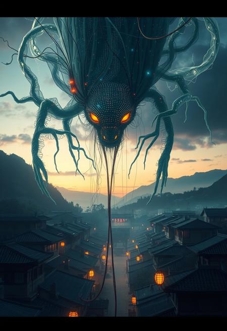 A detailed, otherworldly creature made of translucent, glowing fabric and hollow cybernetic threads looms over a traditional Chinese village at dusk. Incorporate light particles, double exposure, and bold, unsettling contrasts for a striking, award-winning concept art pieceaaa