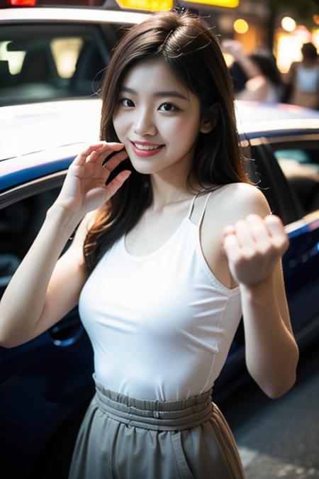 (BEST QUALITY, high quality:1.4), asian, detailed skin texture, volumetric lighting, best shadow, car show, neon lights, (slim waist), crowd, pov, lowkey, dimly lit, smile on the camera, hands up poses, tanktop,  <lora:iphone_mirror_selfie_v01b:1.0>