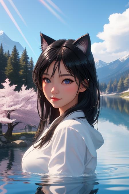 looking at you, cute, cat ears, blonde, black eyes, portrait, girl, photorealistic, real, best quality, 8k, teenager, portrait,  asian, teenage, beautiful, cute, milk color skin, extremely beautiful, looking in front, black hair, smiling, cute, smiling, best render, best face, cloud, cherry blossom, day, fantasy, fish, lake, landscape, high snowy mountain, no_humans, ocean, outdoors, river, scenery, sky, splashing, water, watercraft, waterfall, waves, ultra realistic, photorealistic, sea, ocean, (reflection), (ray tracking), (unreal engine), (Japanese), top view, high elevation, (water reflection), (clear water), photorealistic, 8k, unreal engine, super great 3d render, 3d, 3d ray tracking, liquid, super high quality, (super close look at water)