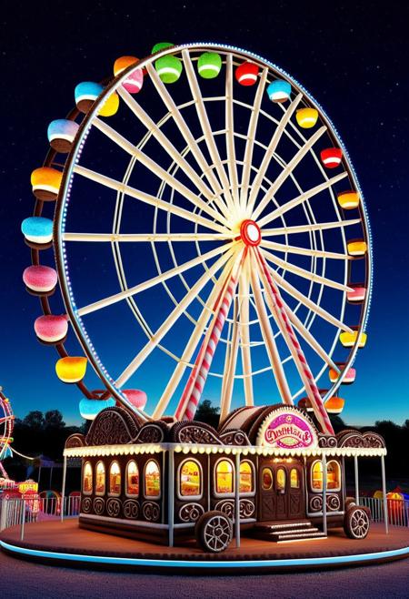 Sweet Delight, ((Ferris Wheel)) made of creamy cookies, carnival ride of sugar, glowing gumdrop lights, night of sweet delights, moonlight, candyland, striking, lively colors, intense colors, picturesque, masterwork, exemplar quality, global illumination, SFW, PG, exquisite detail, digital art, dw01-3400