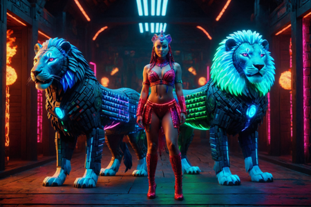 a goddess, Sphinx, riddle guardian, made out of RGB Keyboards, with lion body and human face, posing a riddle with lion body with RGB lights poised, solo, cyber Valhalla with neon wooden halls, glowing fires with RGB lights, detailed background, walking with a digital glow, shimmering with RGB lights, steady pace, fierce, pulsing with RGB lights, action focus, medium shot, best quality, vibrant colors, photorealistic style, high detail, high-definition, hyper-realistic, extremely high-resolution details, fine texture, incredibly lifelike, realistic, not cartoon, not drawing, highres, 4K resolution, source photo, realistic photo, masterpiece, best quality, amazing quality, very aesthetic, ultra-detailed, detailed textures, natural lighting, soft lighting, cyberpunk neon colors, deep blues, fiery reds, RGB pulse, rhythmic and dynamic, medium shot, <lora:RGB_Keyboard_themed-000008:1>