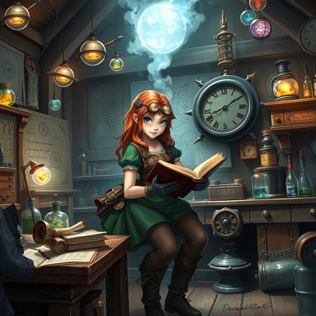 (WizardCoreAI:1.3) 1girl  Beautiful alchemist, leaning forward studying magic Book on bench,copper hair, Steampunk goggles, goggles on head, (Alchemy and Tinker shop, tools, potions, bottles, workbench, wooden walls, wood furniture, schematics on wall, blueprints on wall, proud, green dress, brown corset, leather belt, Brown Backpack, too many pouches, massive boots, gloves,l charts in a tower filled with magical orbs | Wizard activating a golem in a rune-lit workshop | Alchemist mixing potions amid hovering magical essences | Enchantress reading a spellbook while a magic quill writing notes, studying a steampunk-inspired chronomancer's clock, steampunk, gears,
(amazing fantasy setting, Ultra Realistic, trending on artstation, exaggerated, detailed   
 background:1.1)