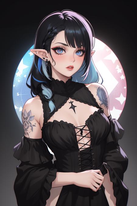 a [goth |barbarous |mysterious] [mature |young] gothic female with [curvy |thick |tone |curvy |thick |muscle] figure wearing [goth clothes | western clothes |intricate clothes |corset |loose sleeves] mix [dress |frill dress |indicate dress |belt |frill |cotton dress |short dress] and [lustful eye |creepy eyes |beautiful eye] red iris mix [lush lips | perky lips] and with white and black hair mix with light blue streaked hair, long hair [ hair over eye |braid | wavy hair] mix [messy hair |curly hair |messy hair] and [pointy ear |elf ears |long ears] and [star print |flower print] on clothes and wearing [make up |scaly | jewelry] , intricate tattoos, ((asymmetrical pose)), make up, blush, chromatic aberration, illustration,